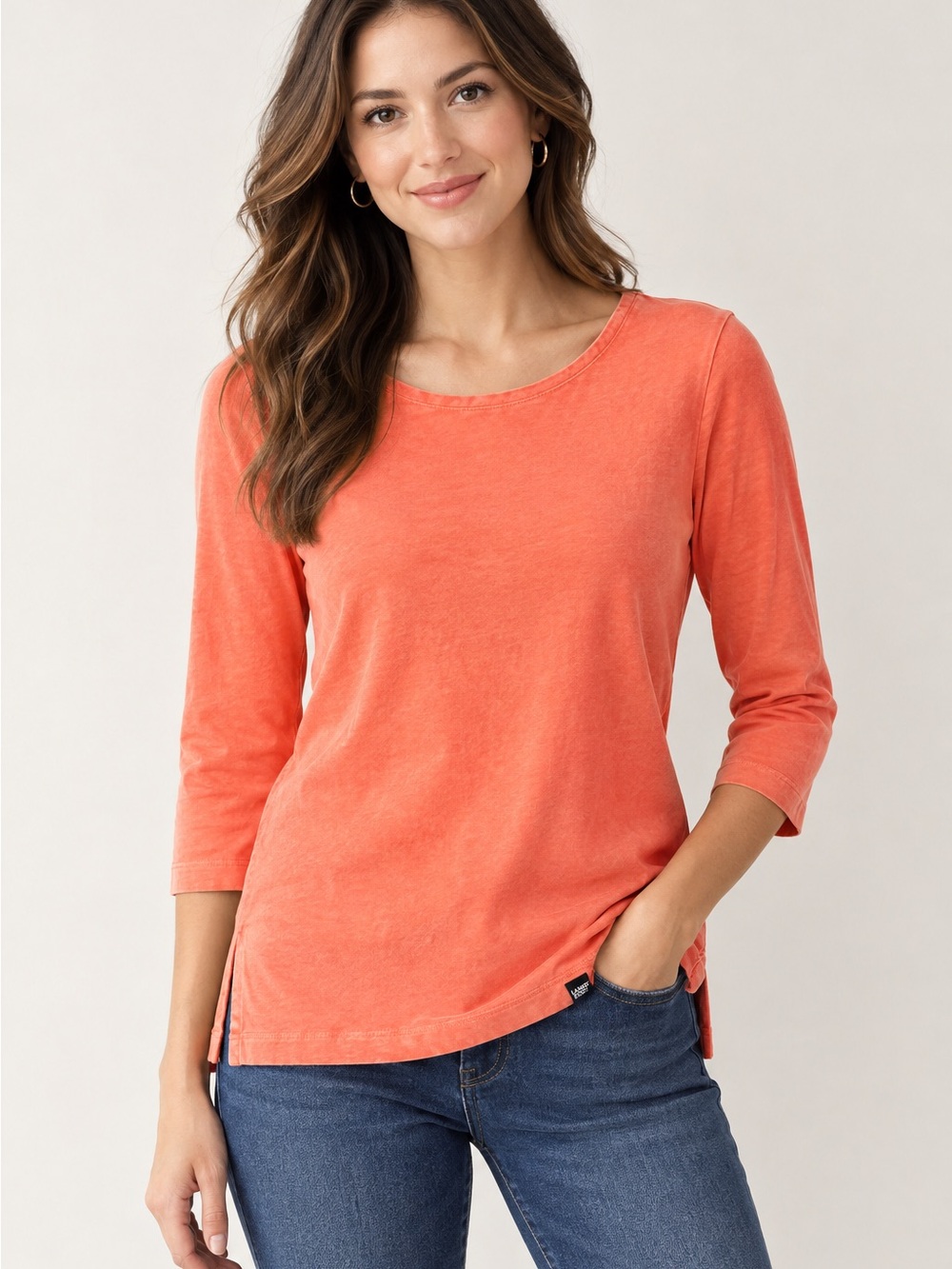 Lands' End Coral 3/4 Sleeve Scoop Neck Tee 100% cotton